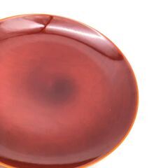 ss7973　お茶請け皿 5枚セット 春慶塗調 直径13cm 菓子皿 透け感 明るい茶色 ブラウン 艶 光沢 上品 茶器 漆器 小皿 和食器 茶うけ皿 中古の画像