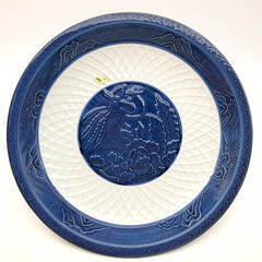 ss7975　有田焼 萬永作 大皿 31cm 盛皿 青系 花鳥模様 和食器 丸皿 刺身皿 ブルー系 アンティーク レトロ 大皿料理 お盆 正月 おもてなし 大皿 未使用品の画像