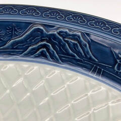 ss7975　有田焼 萬永作 大皿 31cm 盛皿 青系 花鳥模様 和食器 丸皿 刺身皿 ブルー系 アンティーク レトロ 大皿料理 お盆 正月 おもてなし 大皿 未使用品の画像