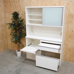 ≪yt2107ジ≫ 松田家具 キッチンボード/食器棚 幅140cm 高さ207cm スライドカウンター付 ホワイト/ソフトクローズ/中古家具/宮城県仙台市 071119-11の画像