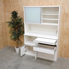 ≪yt2107ジ≫ 松田家具 キッチンボード/食器棚 幅140cm 高さ207cm スライドカウンター付 ホワイト/ソフトクローズ/中古家具/宮城県仙台市 071119-11の画像