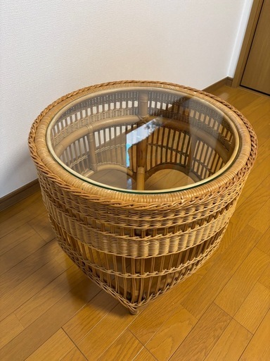 ガラステーブル　籐　古道具　ヴィンテージ　
ローテーブル