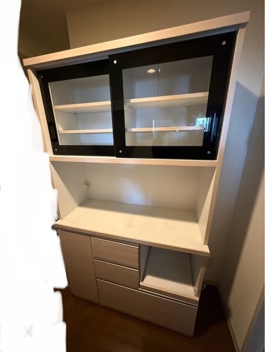 幅104 木製キッチンボード　ナチュラルウッド×ホワイト×ブラック　食器棚　レンジボード