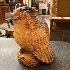 K2511-403 木彫りのフクロウ 置物 オブジェ インテリア 縁起物 全長約32cm キズ汚れ有りの画像