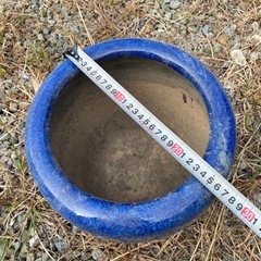 青色 陶器 火鉢 直径26cm 小型　丸型　紺色　水鉢の画像