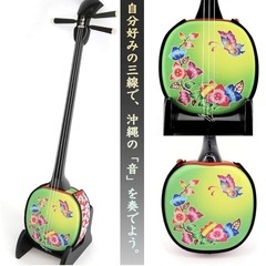 米須三線店 デザイン三線　ブーゲンビリア グリーン　　人口皮張りの画像