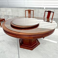 【高級】円卓/ダイニングセット/8人用/回転テーブル付き/花梨/木製/大型家具/直径154cm【ガラス天板付き】中華料理店/E1EX0307の画像