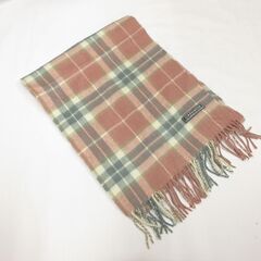 ( E-51 )カシミヤマフラー ピンク系 チェック柄 カシミア フリンジ グレー ふわふわ 中古の画像