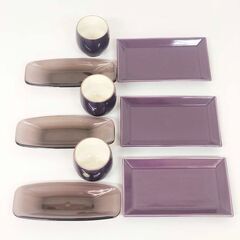 ss7974　葡萄色の食器 3個セット 平皿　湯飲み　おしぼりトレー付き たち吉 魚皿 ゆのみ 小ぶり 紫 無地 ころんとした ぶどう色 パープル お茶 お菓子 おもてなし 長角皿 中古の画像