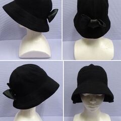 ( E-52 )SUN HILLS CO.,LTD 帽子 クロッシェ ピュアカシミヤ１００％ レディース ブラック 黒 リボン 中古の画像