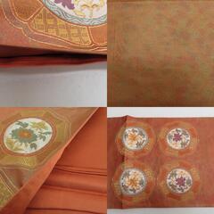 袋帯 正絹 金糸 絵皿文様  茶オレンジ色ｘ緑色ｘ紫色 お太鼓柄 仕立て上がり 着物帯 長さ448cm【中古】 【キモノオフ野々市若松店】の画像