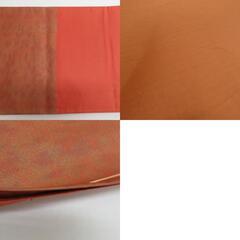 袋帯 正絹 金糸 絵皿文様  茶オレンジ色ｘ緑色ｘ紫色 お太鼓柄 仕立て上がり 着物帯 長さ448cm【中古】 【キモノオフ野々市若松店】の画像