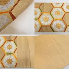 袋帯 正絹 金糸銀糸 金色ｘ緑色ｘオレンジ色 ゴールド系 亀甲に華文紋様 六通柄 フォーマル 礼装 長さ432cm【中古】 【キモノオフ野々市若松店】の画像