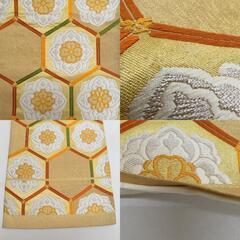 袋帯 正絹 金糸銀糸 金色ｘ緑色ｘオレンジ色 ゴールド系 亀甲に華文紋様 六通柄 フォーマル 礼装 長さ432cm【中古】 【キモノオフ野々市若松店】の画像