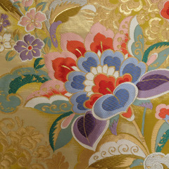 袋帯 正絹 寿栄中唐花華紋 辛子色ｘ金色x多色 カラフル 金糸 六通柄 フォーマル 礼装 長さ432cm【中古】 【キモノオフ野々市若松店】の画像