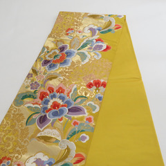 袋帯 正絹 寿栄中唐花華紋 辛子色ｘ金色x多色 カラフル 金糸 六通柄 フォーマル 礼装 長さ432cm【中古】 【キモノオフ野々市若松店】の画像