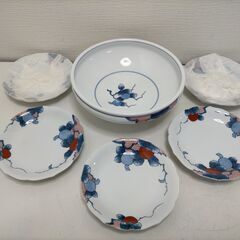 其泉 染錦柿絵鹿子文様の銘々皿5枚と大鉢のセット。和食・来客用に最適有田焼 保管箱あり良品　251125-7Aの画像