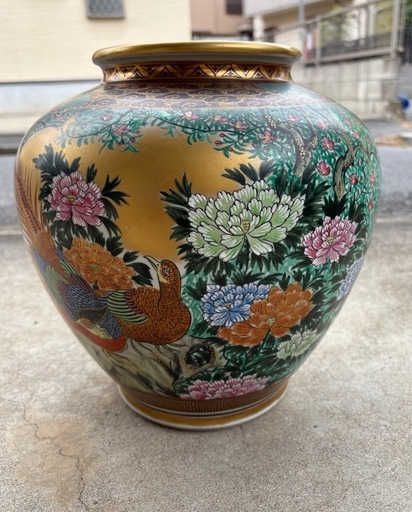 九谷焼 竹隆作（北村隆）金牡丹金鶏大花瓶大壺木箱入り (もしもし) 本