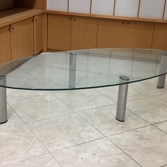 直径195cm×100cm 厚み1.1cm 高さ37cm ガラステーブル 大サイズ ローテーブル 楕円 直接引取限定の画像