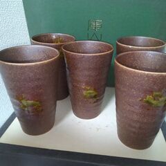 未使用 美濃焼　庫山窯 フリーカップ大サイズ揃 5客　大角皿１枚 古窯の旅の画像
