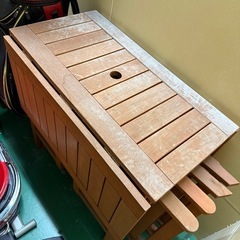 【急募】山善 ガーデンマスター 折りたたみガーデンテーブル&チェア5点セット テーブル×1点&チェア4点セット パラソルホール付き お庭 ベランダ テラス バルコニー BBQ の画像