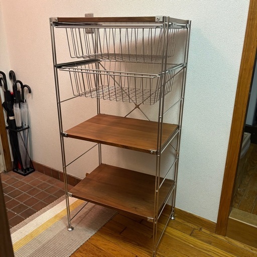 無印 ステンレス ユニットシェルフ 中　ウォールナット  バスケット付き 高さ120cm