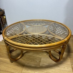 ラタン ガラステーブル 円形90cm ローテーブル 籐家具の画像