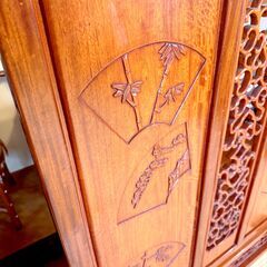 【高級和家具】花梨衝立 彫刻 扇面文様 透かし細工 木製パーテーション 花梨無垢 銘木 和室 茶室 間仕切り 店舗什器 E1EX0308の画像