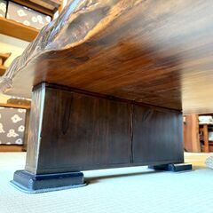 【重厚】無垢 一枚板 座卓 ローテーブル 天然木 木彫り縁 約200cm×90cm×36cm 和室家具 茶室 E0EY0121の画像