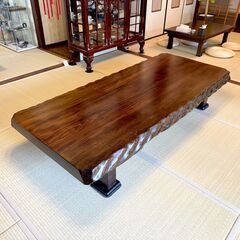 【重厚】無垢 一枚板 座卓 ローテーブル 天然木 木彫り縁 約200cm×90cm×36cm 和室家具 茶室 E0EY0121の画像
