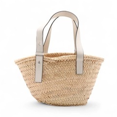 新品同様 ロエベ バスケット スモール ラフィア レザー カゴバッグ ベージュ ホワイトの画像