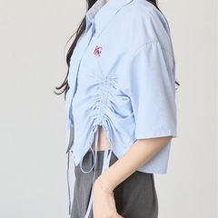 ワンポイント刺繍シャーリングストライプ半袖シャツの画像