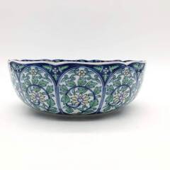 ss8013　庫山窯 菓子鉢 盛り鉢 青×緑 23cm 絵付け 煮物鉢 美濃焼 ブルー×グリーン 陶器製 深鉢 大鉢 盛鉢 ボウル レトロ 和食器 菓子鉢 中古の画像