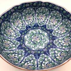 ss8013　庫山窯 菓子鉢 盛り鉢 青×緑 23cm 絵付け 煮物鉢 美濃焼 ブルー×グリーン 陶器製 深鉢 大鉢 盛鉢 ボウル レトロ 和食器 菓子鉢 中古の画像