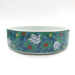 ss8015　庫山窯 八角重 2段 グリーン 18cm 絵付け 美濃焼 陶器製 蓋付 お重 重箱 重鉢 2段重 緑 レトロ 和食器 八角重鉢 中古の画像