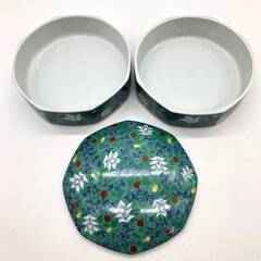 ss8015　庫山窯 八角重 2段 グリーン 18cm 絵付け 美濃焼 陶器製 蓋付 お重 重箱 重鉢 2段重 緑 レトロ 和食器 八角重鉢 中古の画像
