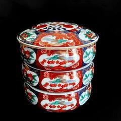 前畑陶器　庫山窯　三段重箱　蓋付き重ね鉢　古伊万里紋　金彩　未使用　柘榴　鳳凰の画像