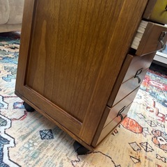 木目柄のレトロ移動式シェルフの画像