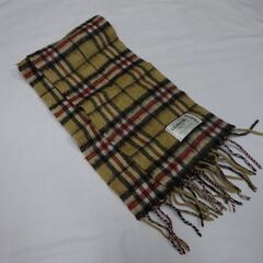 ( E-63 )Edinburgh エディンバラ ラムウール１００％ マフラー ベージュ チェック柄 中古の画像