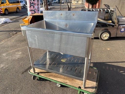 タニコー 業務用 一層シンク ステンレス製 W900 D600 H938 バックガード付き シンクの縁H790 下段棚板 中古品