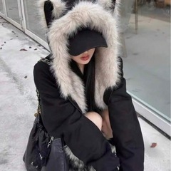 ファー付きパーカー フード付き 猫耳 もこもこアウター ブラックの画像