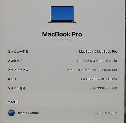 アップル Apple MacBook Pro 16,1 A2141 中古美品 スペースグレイ Core i9 9980HK 64GB 