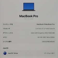 アップル Apple MacBook Pro 16,1 A2141 中古美品 スペースグレイ Core i9 9980HK 64GB 512G Mac OS26.1の画像
