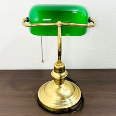 【動作品】バンカーズランプ 緑ガラス 真鍮製 レトロ アンティーク調 デスクライト 卓上ランプ プルスイッチ 電気スタンド E0EY0122の画像