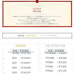 大黒屋仙台パルコ店 11/28 本日の貴金属の買取金額 