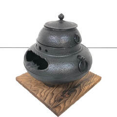 ss8037　南部鉄器 岩鋳 茶釜風灰皿 たばこセット ミニ茶釜 インテリア オブジェ 鉄器 鋳鉄 伝統工芸品 南部鉄器 中古の画像