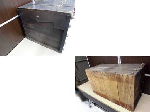 古道具 木箱 収納箱 鋲打ち 骨董 古民具 幅45x奥行76x高さ38cm 重量約13.75㎏ 蓋付き アンティーク 苫小牧西店