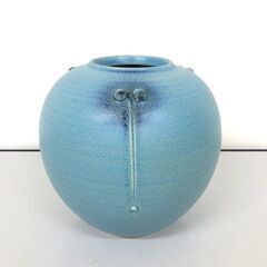 ss8040　清水焼 片山辰之助作 花瓶 高さ17cm ブルー 無地 グラデーション シンプル 小ぶり コロン 球体 水色 壺 陶器製 花器 焼物 陶磁器 フラワーベース 花瓶 中古の画像