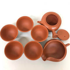 ss8043　無名異焼 國三窯 煎茶器揃 共箱入 七点一式 急須 茶碗 5客 湯冷し 朱泥 佐渡 茶器揃 煎茶道具 湯呑 湯飲み ゆのみ 茶器揃え 中古の画像