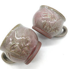 ss8049　ペアマグカップ クリーマー付 ピンク系 マーブル マグカップ 2客セット 素朴 陶器 珈琲 マグ カップ ペア 和食器 焼物 和テイスト マグカップ 中古の画像